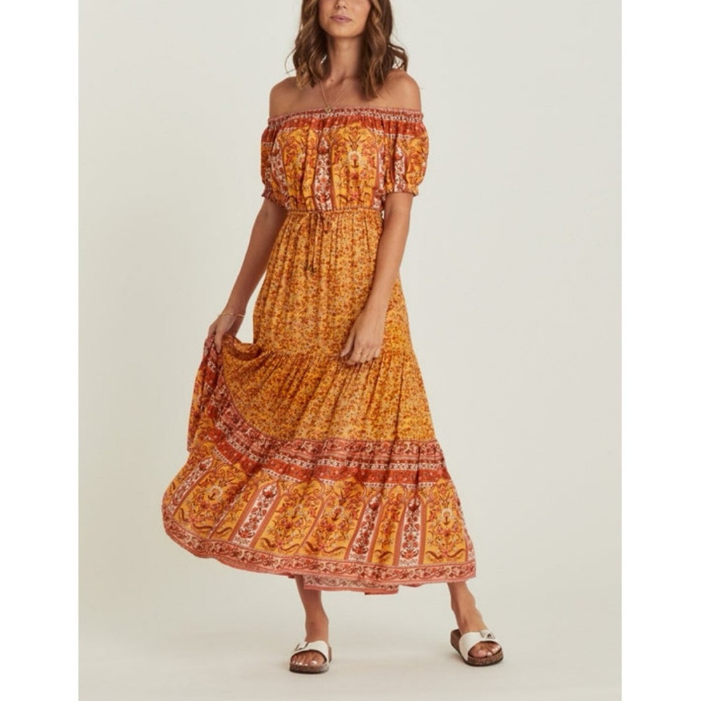 Boho Off-Shoulder Maxi Dress in Orange and Red Floral